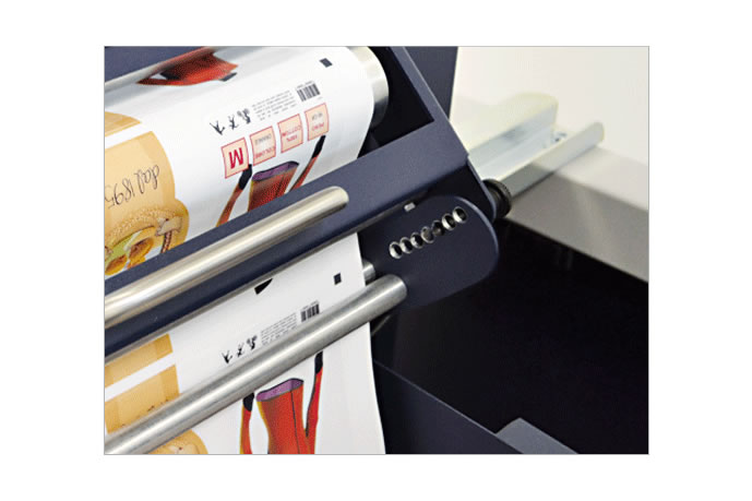 Scorpio All-in-One Series of digital label finisher with closeup of cutting plotter