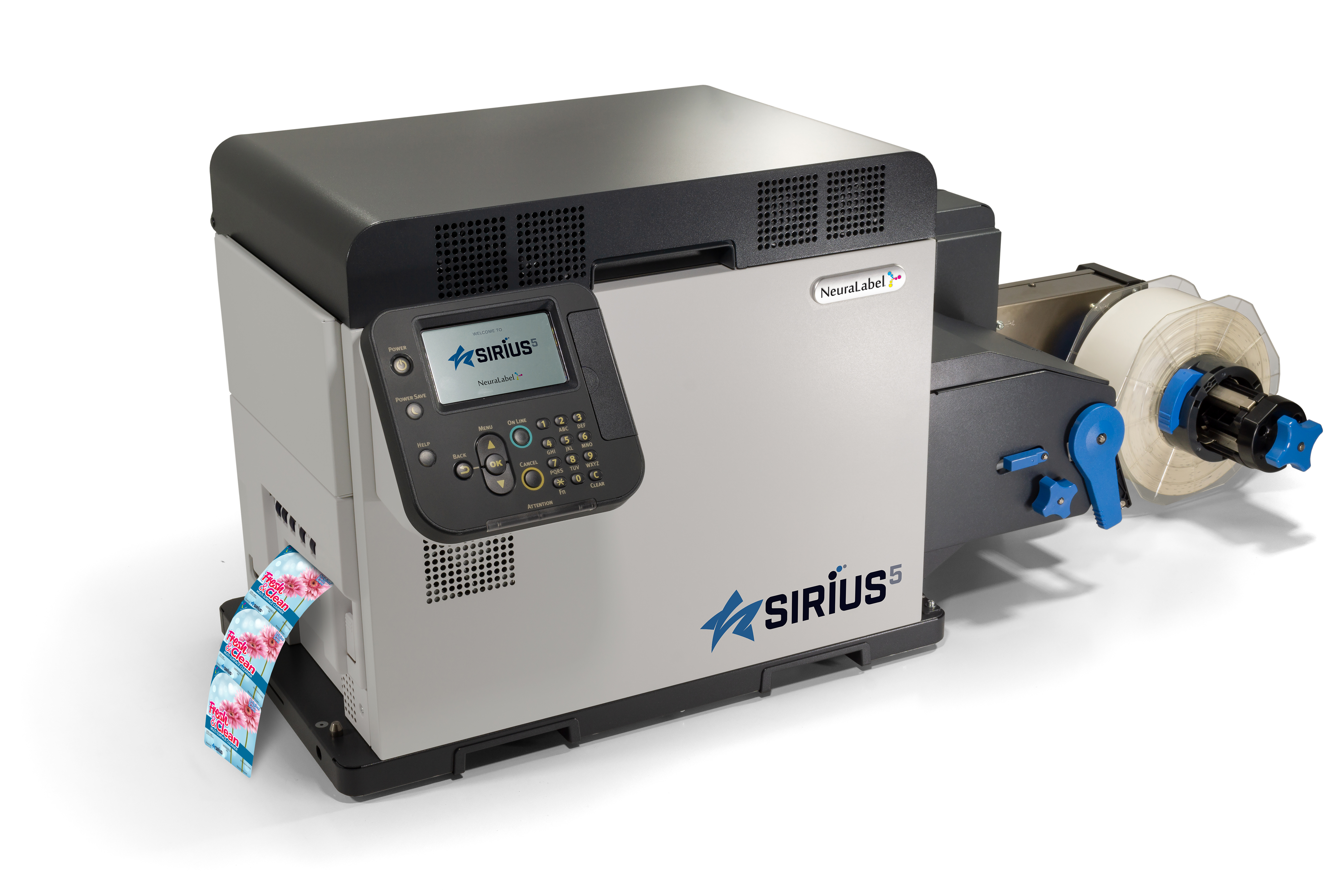 NeuraLabel Sirius label printer with labels front angle view