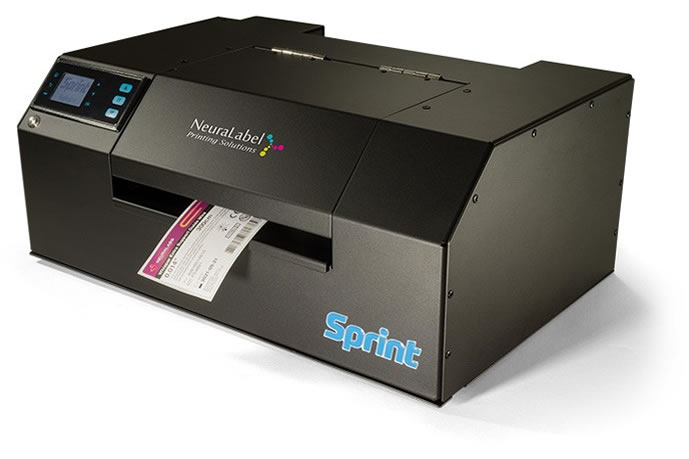 NeuraLabel Sprint desktop printer angled front view with label